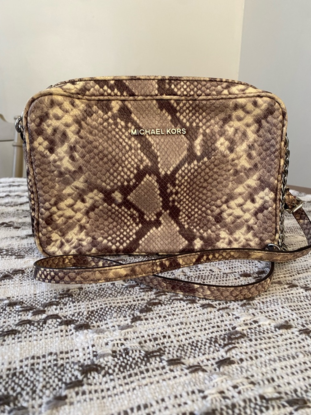 Michael Kors Python-Print Crossbody in Brown and Cream